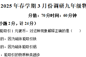 江苏省淮安市盱眙县调研2024-2025学年九年级下学期3月月考物理试题（含解析）