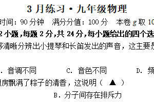 江苏省无锡市积余实验学校2024-2025学年九年级下学期3月练习物理试题（含答案）