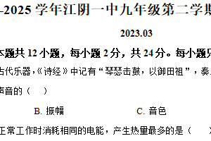 江苏省无锡市江阴市第一初级中学2024-2025学年九年级下学期3月月考物理试题（含解析）