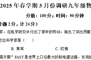 江苏省盐城市射阳县几校联考2024-2025学年九年级下学期3月月考物理试题（含解析）