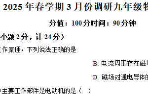 江苏省盐城市亭湖区2024-2025学年九年级下学期3月月考物理试题（含解析）