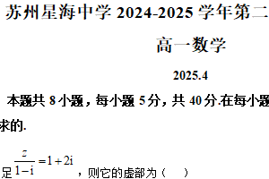 江苏省苏州市苏州工业园区星海实验高级中学2024-2025学年高一下学期期中考试数学试题（含解析）