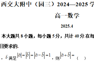 江苏省苏州市西安交通大学苏州附属中学(园三)2024-2025学年高一下学期期中数学试题（含解析）