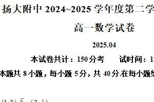 江苏省扬州市扬州大学附属中学2024-2025学年高一下学期4月期中考试数学试题（含解析）