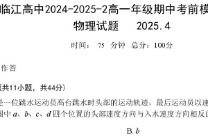 江苏省南京市临江高级中学2024-2025学年高一下学期4月期中物理试题（无答案）