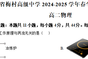 江苏省无锡市新吴区（梅村高级中学）2024-2025学年高二下学期期中考试物理（春卷）（含解析）