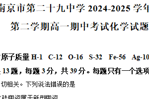 江苏省南京市第二十九中学2024-2025学年高一下学期4月期中考试 化学试题（含解析）