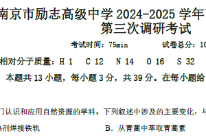 江苏省南京市励志高级中学2024-2025学年高一下学期4月期中考试 化学试题（含解析）