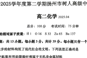 江苏省扬州市树人集团2024-2025学年高二下学期4月期中化学试题（无答案）