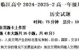 江苏省南京市临江高级中学2024-2025学年高一下学期期中考试历史试题（含解析）