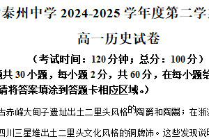 江苏省泰州中学2024-2025学年高一下学期期中考试历史试题（含解析）