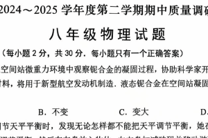 江苏省常州市新北区龙城初级中学2024-2025学年八年级下学期4月期中物理试题（无答案）
