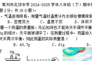 江苏省常州市北郊初级中学2024-2025学年八年级下学期期中考试物理试卷（含答案）