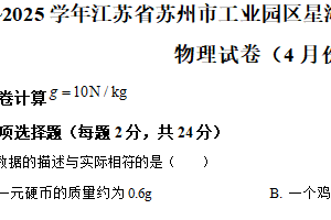 江苏省苏州市工业园区星海实验中学2024~2025学年八年级下学期期中考试物理试题（含解析）
