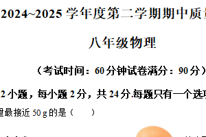江苏省宿迁市沭阳县2024-2025学年八年级下学期期中考试物理试题（含解析）