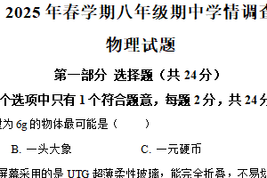 江苏省泰州市泰兴市2024-2025学年八年级下学期期中考试物理试题（含解析）
