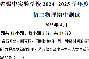 江苏省无锡市惠山区江苏省锡山高级中学实验学校新城分校2024-2025学年八年级下学期期中物理试题（含解析）