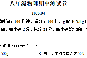 江苏省无锡市新城中学2024-2025学年八年级下学期期中物理试卷（含解析）