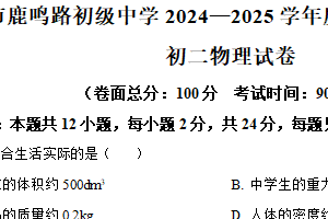 江苏省盐城市鹿鸣路初级中学2024-2025学年八年级下学期期中考试物理试题（含解析）