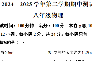 江苏省扬州市仪征市2024-2025学年八年级下学期4月期中物理试题（含解析）