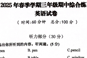 江苏省宿迁市宿城区2024-2025学年三年级下学期4月期中英语试题（含答案+听力音频）