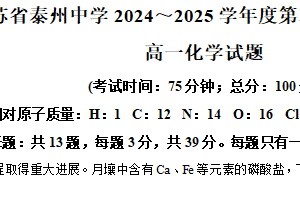 江苏省泰州中学2024-2025学年高一下学期6月期末化学试题（含解析）