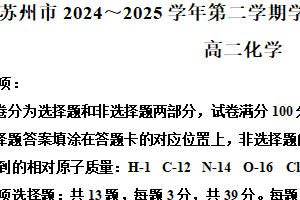江苏省苏州市2024-2025学年高二下学期期末学业质量阳光指标调研化学试卷（含解析）