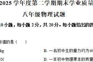 江苏省连云港市2024-2025学年八年级下学期期末学业质量调研物理试题（含解析）