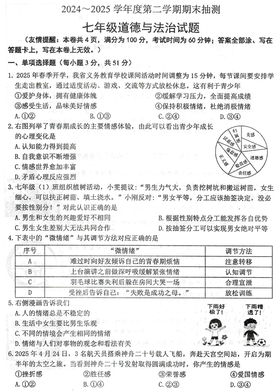 江苏省徐州市沛县实验学校联盟学区2024-2025学年七年级下学期6月期末道德与法治试题(含答案)