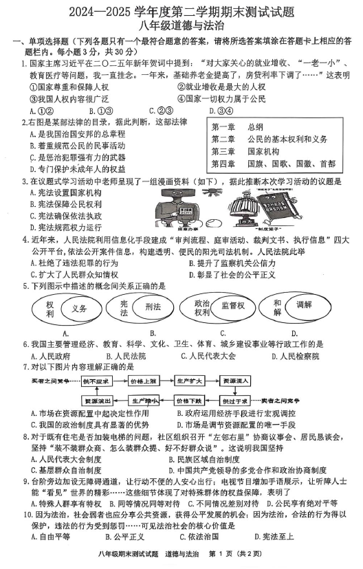 江苏省扬州市宝应县2024-2025学年八年级下学期6月期末道德与法治试题(无答案)