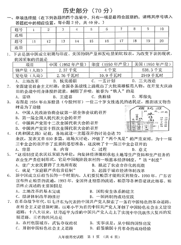 江苏省宿迁市泗洪县2024-2025学年八年级下学期期末检测历史试卷(无答案)