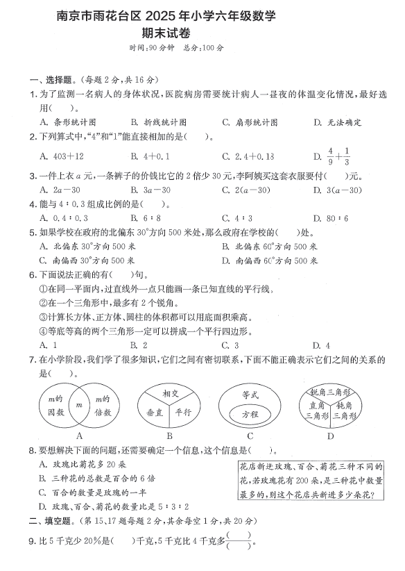 江苏省南京市雨花台区2024-2025学年六年级下学期期末数学试题(含解析)