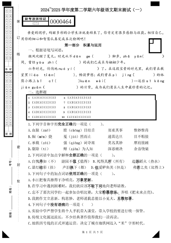江苏省苏州工业园区东沙湖小学2024-2025学年六年级下学期期末语文练习卷(含答案)