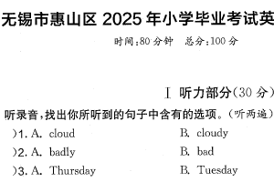 江苏省无锡市惠山区2024-2025学年六年级下学期期末英语试题（含答案）