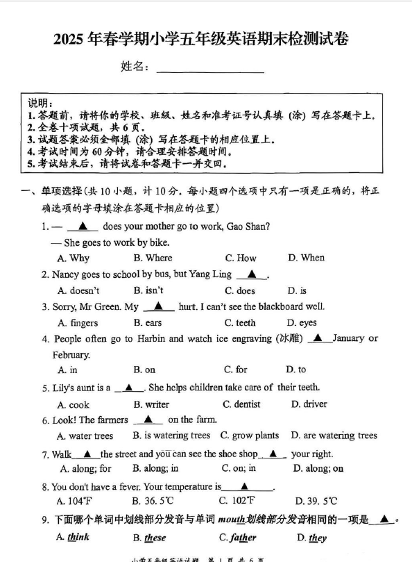 江苏省盐城市亭湖区2024-2025学年五年级下学期英语期末检测试卷(含答案)