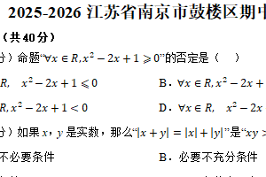 江苏省南京田家炳高级中学2025-2026学年高一上学期数学期中模拟考试卷（含解析）