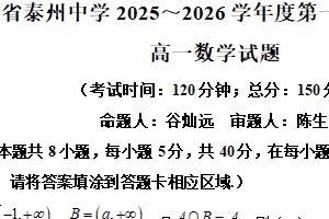 江苏省泰州中学2025-2026学年高一上学期11月期中数学试题（含解析）