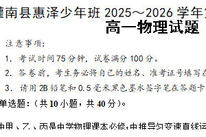 江苏省连云港市灌南县惠泽高级中学少年班2025-2026学年高一第一学期期末考试物理试题（含答案）