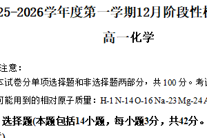 江苏省无锡市江阴市第二中学2025-2026学年高一上学期12月月考化学试题（无答案）
