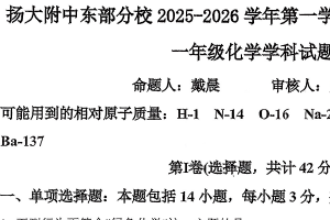 江苏省扬州大学附属中学东部分校2025-2026学年高一上学期12月月考化学试题（无答案）