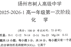 江苏省扬州中学教育集团树人学校2025-2026学年高一上学期10月月考 化学试题（无答案）