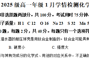 江苏省南京市第十三中学2025-2026学年高一上学期1月月考 化学试卷（含解析）