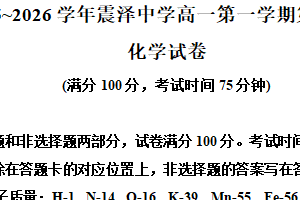 江苏省苏州市吴江区震泽中学2025-2026学年高一上学期12月月考化学试题（含解析）