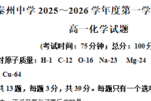 江苏省泰州中学2025-2026学年高一上学期12月月考化学试题（含解析）