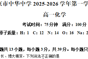 江苏省南京市中华中学2025-2026学年高一上学期11月期中化学试题（含解析）