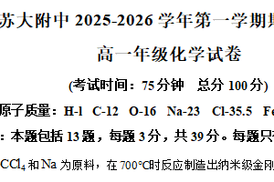 江苏省苏州市园区苏州大学附属中学2025-2026学年高一上学期期中考试化学试题（含解析）