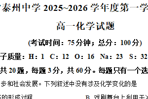 江苏省泰州中学2025-2026学年高一上学期11月期中考试 化学试题（含解析）