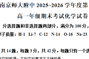 江苏省南京师范大学附属中学2025-2026学年高一上学期期末化学试题（含解析）