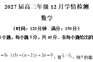 江苏省南京市第九中学2025-2026学年高二上学期12月学情检测数学试题（含解析）