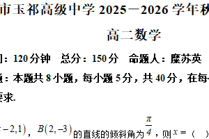 江苏省无锡市玉祁高级中学2025-2026学年高二上学期期中检测数学试题（含解析）